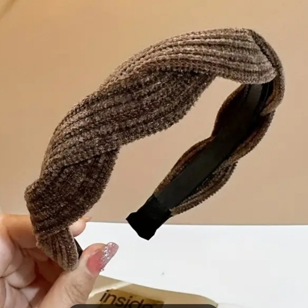 New handmade boutique corduroy braided flexible wide headband brown